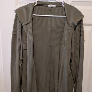Maurices Olive Green Waffle Knit Hooded Open Cardigan